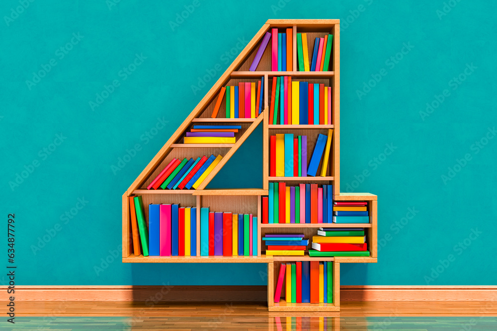 Fototapete number 4 in the form of shelves with books in the room near wall, 3d rendering