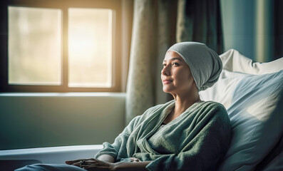 A woman sick with cancer sitting on a sofa looking out the window