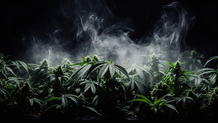 Marijuana in smoke on a black background top view.	