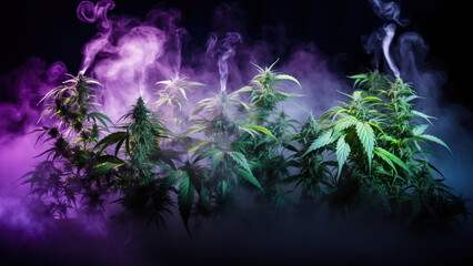 Marijuana leaves in white smoke, and in neon light, on a black background	
