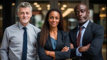 Mixed race and mixed gender business partners colleagues, facing camera smiling in office