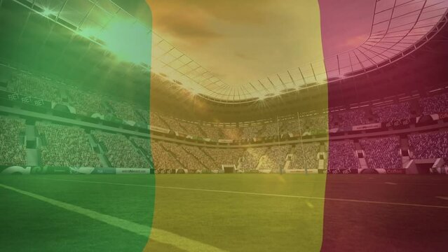 Animation of waving mali flag against view of a sports stadium