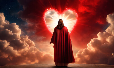 Back view of jesus walking to a heart shape in heaven. Symbol of faith and unconditional love.