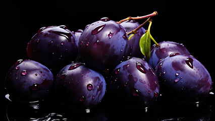 juicy plum on a black background with water drops.