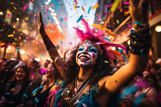 Lively Mardi Gras scene with masked revelers dancing amid floating confetti and vibrant feathers in the streets