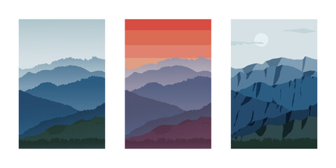 Mountain landscapes flat vector illustration. Set of nature backgrounds. Foggy hills wallpaper. Outdoor scenes.