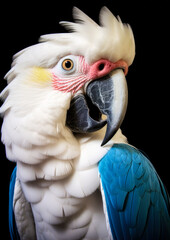 Photograph of a white macaw in a dark backdrop conceptual for frame