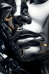 Distorted face of mannequin made of metal. Surrealist art and modern concept. Generative AI.
