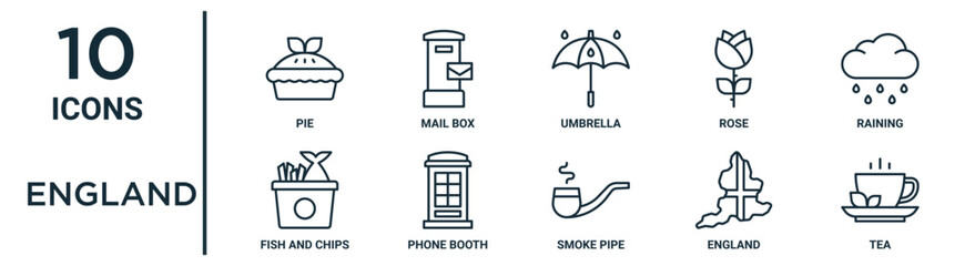 Fototapeta england outline icon set such as thin line pie, umbrella, raining, phone booth, england, tea, fish and chips icons for report, presentation, diagram, web design obraz