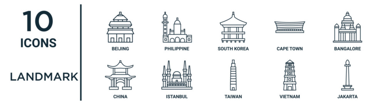 landmark outline icon set such as thin line beijing, south korea, bangalore, istanbul, vietnam, jakarta, china icons for report, presentation, diagram, web design