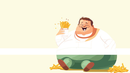 AI generated, vector illustration, flat illustration, no color gradient, caricature illustration, fat man eating french fries on white background, copy space is available.