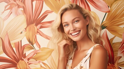 a horizontal format of a young blonde female model with a color-matching floral as a background with space for copy in a product and mock-up Commercial-themed JPG format. generative AI