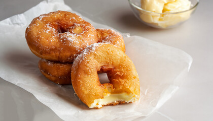 Deep-fried doughnuts filled with coconut custard cream on white baking paper on light background