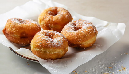 Deep-fried doughnuts filled with coconut custard cream on white baking paper on light background