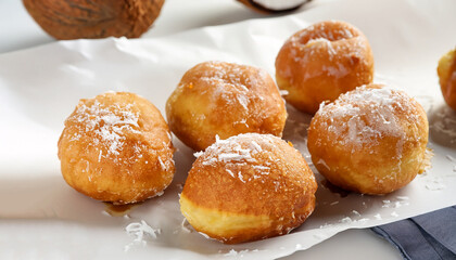 Deep-fried doughnuts filled with coconut custard cream on white baking paper on light background