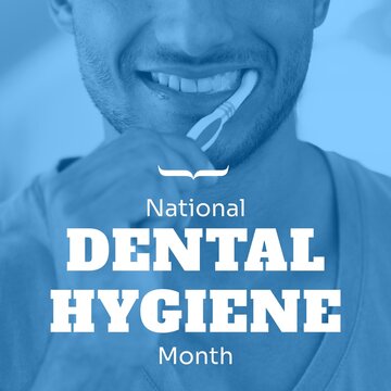 Composite of national dental hygiene month text over latino man brushing teeth