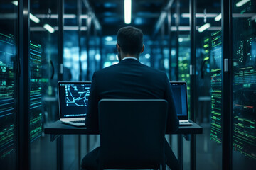 IT technician working on network programming with online technology. Protecting information on the internet with cyber security management. High quality photo