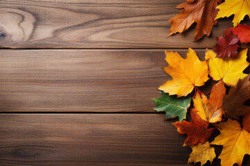 Naklejka na ściany i meble autumn leaves on wooden table background with copy space