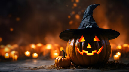 Scary Pumpkins with Wizard Hat, Halloween Background