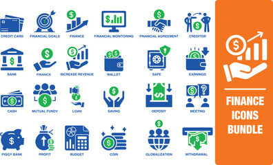 Finance icon set bundle. Containing loan, cash, saving, financial goal, profit, budget, mutual fund, earning money and revenue icons. Solid icons collection.
