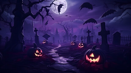 Spooky Pumpkins on Graveyard, Halloween Background