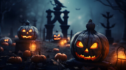 Spooky Pumpkins on Graveyard, Halloween Background