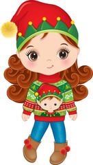 Vector Image of Cute Girl Wearing Elf Hat and Christmas Sweater