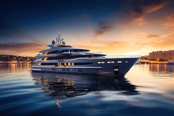 Luxury yacht at sunset.