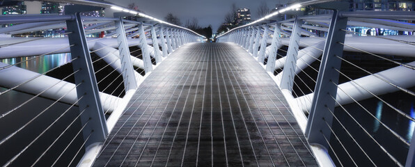 Modern Architectural Bridge Structure in Downtown Vancouver, BC, Canada. Background Panorama