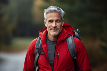 adult middle-aged man in a red jacket. autumn time. traveler with backpack.coach. occupation on the street. handsome man.