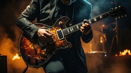Obraz premium Passionate musician plays guitar, exuding energy on stage
