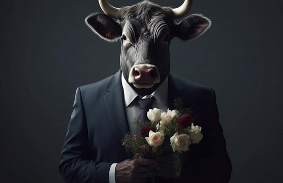 A well-dressed man holding a bouquet of flowers. Generative ai