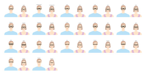 Set of Geometric frame glasses on women and men flat character fashion accessory illustration. Sunglass front view unisex silhouette style, rim spectacles eyeglasses with lens sketch style outline