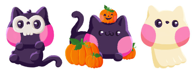 Obraz premium Ilustraciones dibujadas a mano de gatos adorables disfrazados para Halloween, sin fondo 