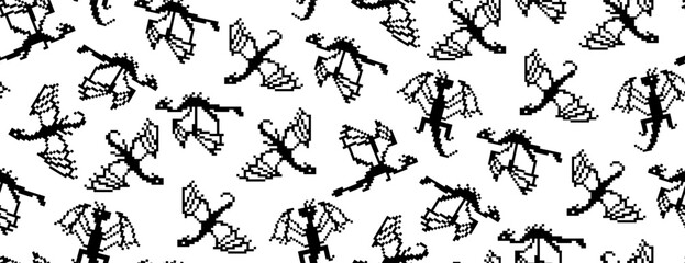 Trendy black and white seamless patternt with flying dragons black silhouettes on white. Pixel art style vector for new year 2024 package, textile, packaging, wallpaper, apparel fabric, home decor,