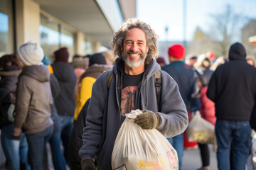 Fototapeta premium Positive homeless white man stands on the street with plastic bag and waits for his turn at the help center for the homeless