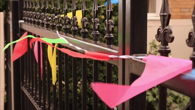Bunting Coloured Flags Black Railing Fence