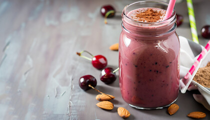 Black forest smoothie with cherry, almond milk and cacao powder in glass jar, horizontal