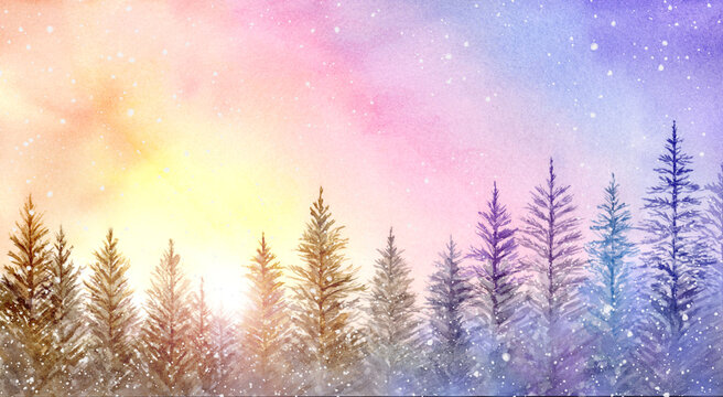 カラフルで神秘的な森の風景　クリスマスの背景　水彩画