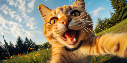 Happy cat is taking selfie photo on nature summer background. Realistic, funny animals wallpaper. 