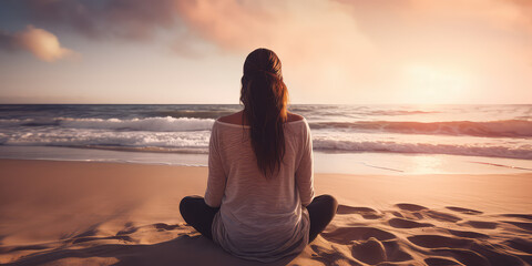 Fototapeta premium Harmonious connection, Meditating woman on beach back view, horizon over the sea. Creative wallpaper with woman meditating in lotus pose in nature. 