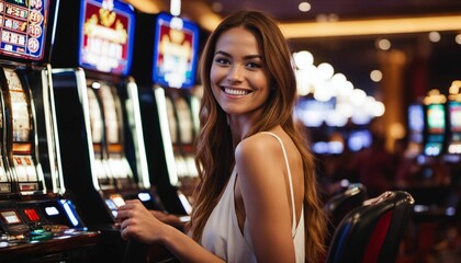 Woman smiling while gambling at slot machine in casino