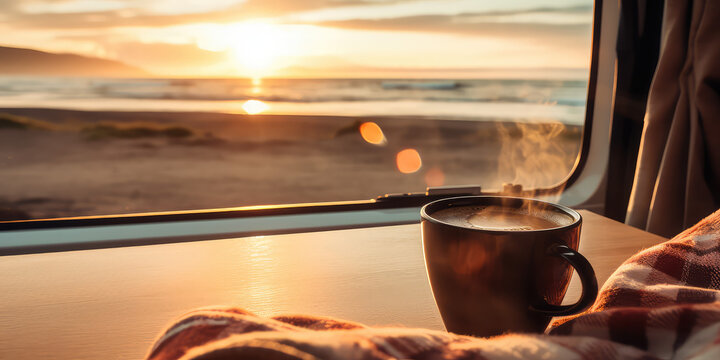 Lifestyle photograph close-up of a steaming coffee. In the window sill of a campervan outside view of a sandy beach lit the morning light