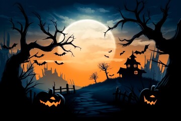 Fototapeta premium Halloween background with pumpkins, bats in mystical spooky forest. Pumpkin in a Halloween castle on full moon. 