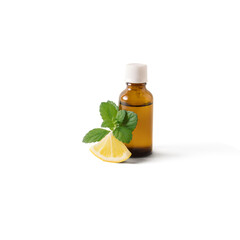 Bottle of lemongrass essential oil with fresh slice of lemon and lemongrass leaves on a white background. Relaxsation concept.