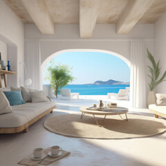 Interior of Mediterranean beach house living room with sea view. Created using generative AI
