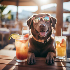 Cute Chocolate Lab wearing sunglasses at the beach with cocktail drinks. Created using generative AI