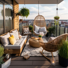 Garden fresh styled outdoor balcony with wood basket styled chairs overlooking city buildings in the background. Created using generative AI