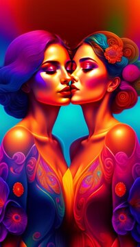 Duas lindas garotas com cabelos longos e olhos fechados.  renderiza&ccedil;&atilde;o 3D