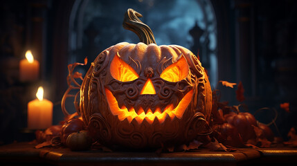 a close-up of a carved pumpkin with a glowing candle inside